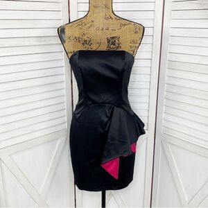 Moa Moa Strapless Colorblock Ruffle Mini Party Dress Black Pink Small